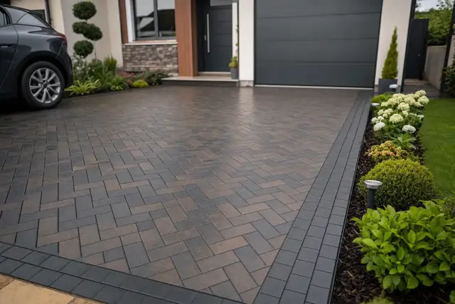 A charcoal and brindle herringbone block paving driveway with a double charcoal border in front of a Cardiff home, with clean tight joints