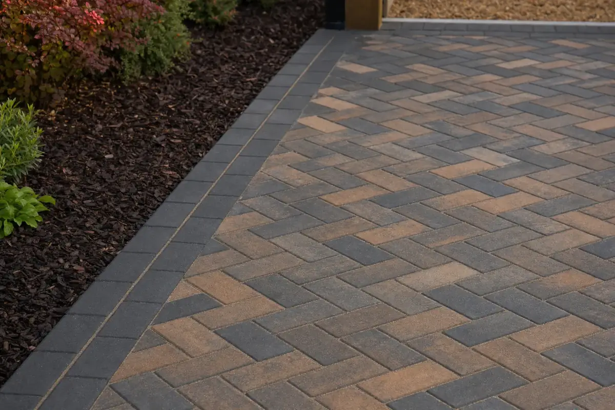 Close-up of charcoal and brindle herringbone block paving with a double charcoal border and tight joints