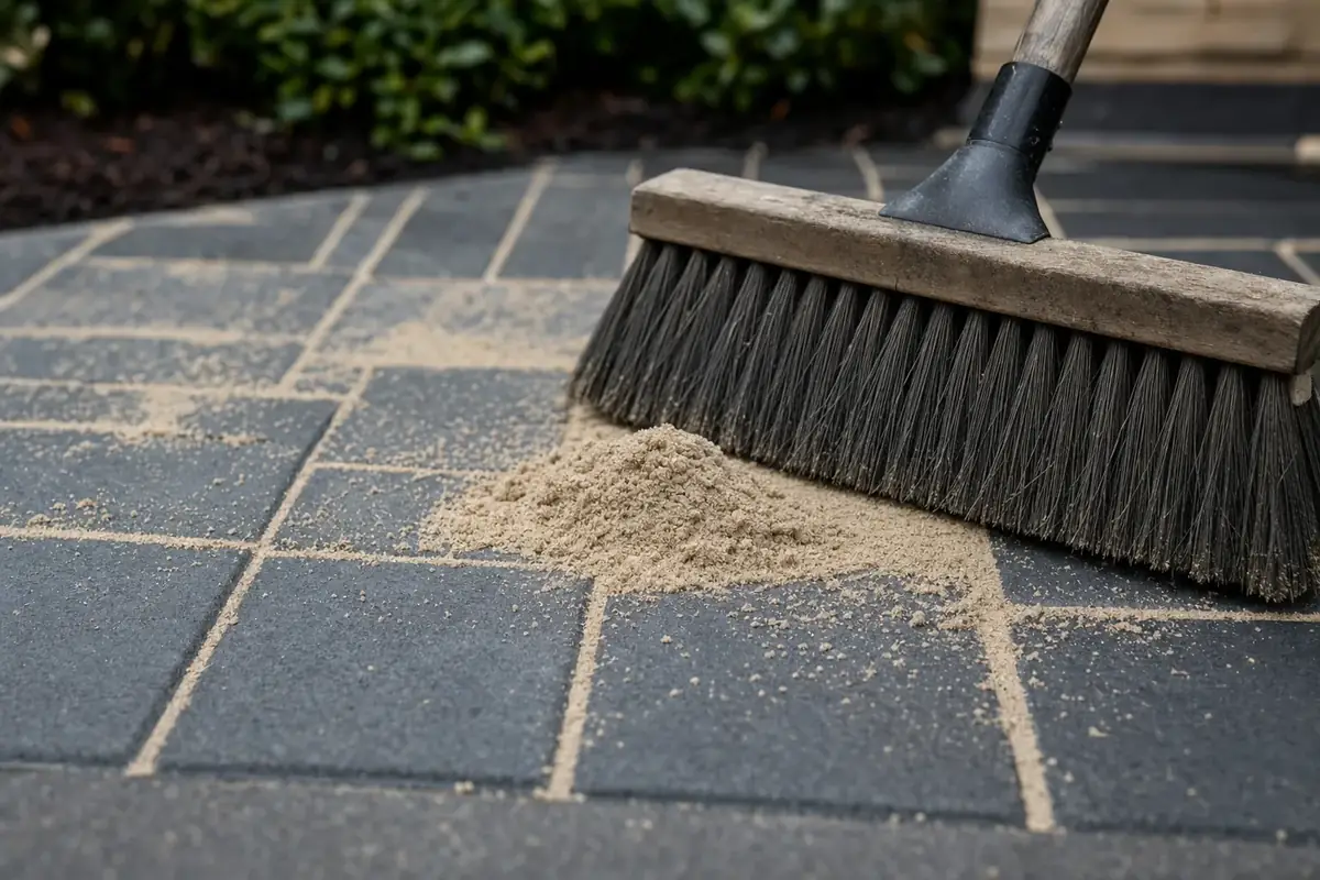 A stiff brush and kiln-dried sand on a block paving patio with the joints filled to the top