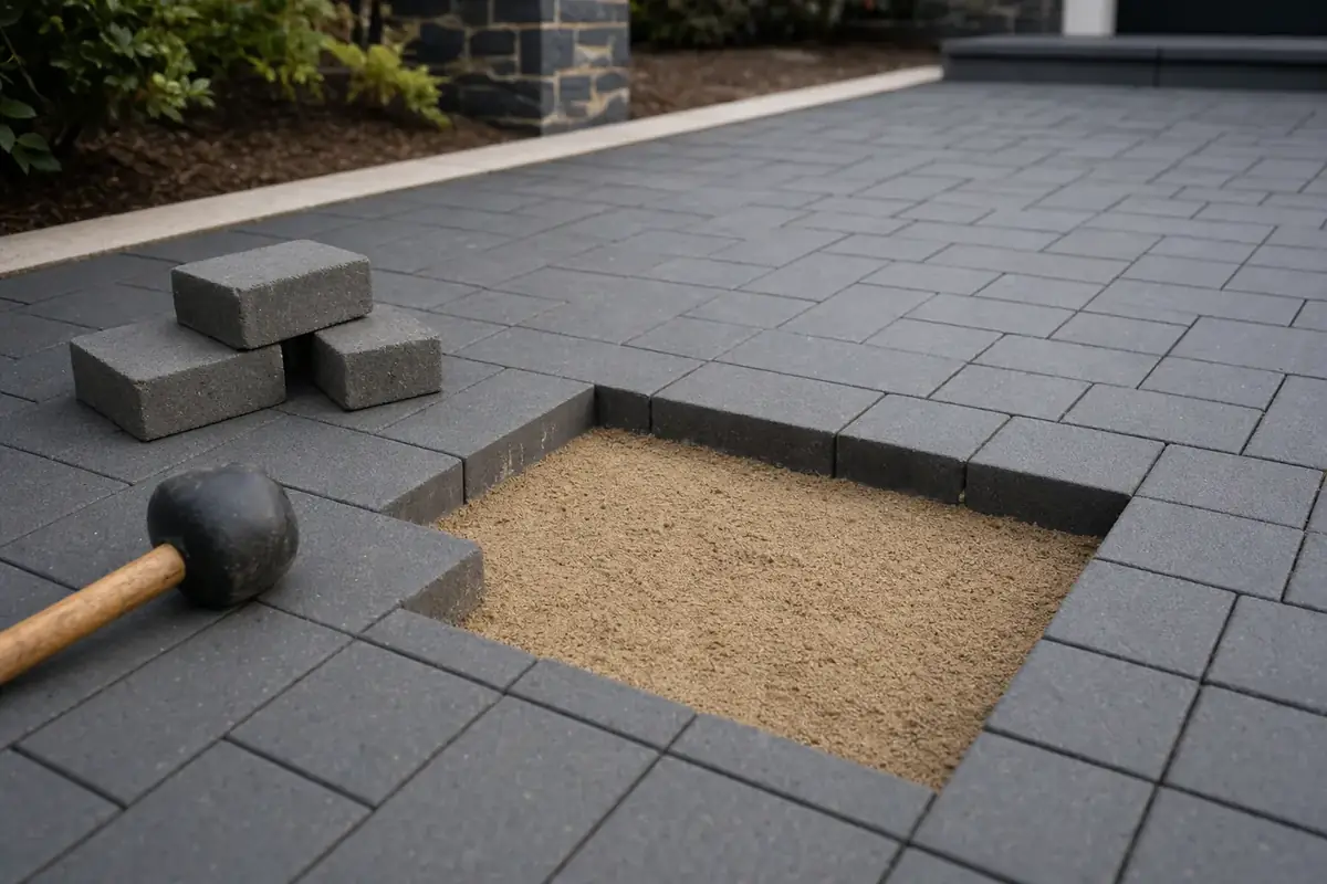A few block paving blocks lifted out for a repair, showing the sand bed beneath