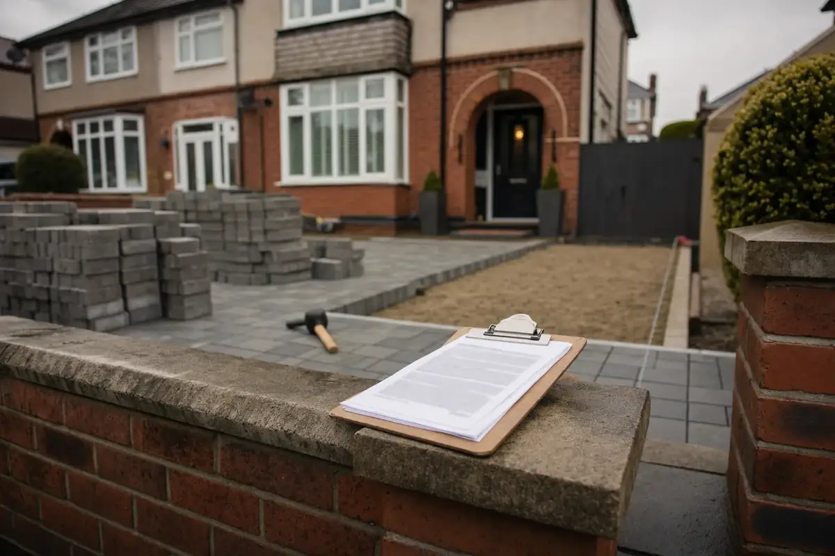 Itemised driveway quote on a clipboard resting on a garden wall in front of a Cardiff semi with new block paving being laid behind