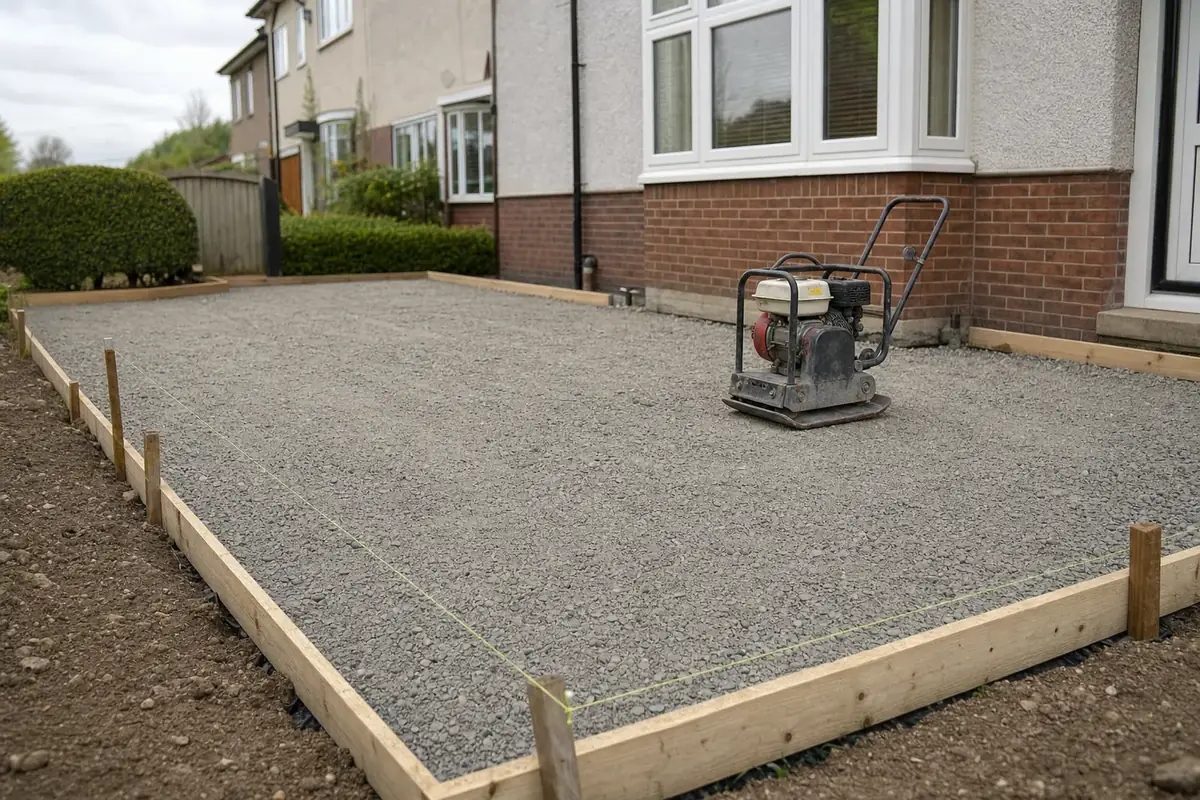 Compacted stone sub-base with string lines and a plate compactor during a driveway installation at a British home