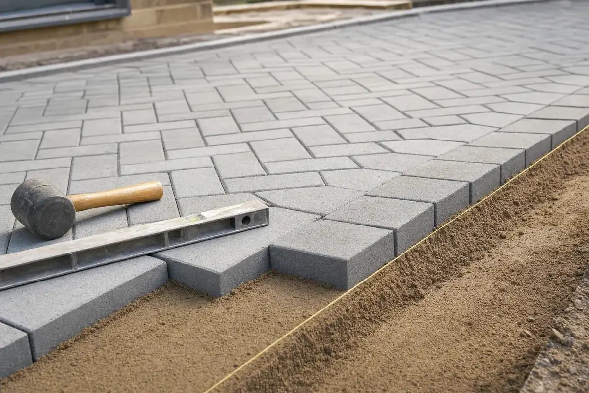 New block paving part laid on a screeded sand bed with a spirit level and rubber mallet nearby
