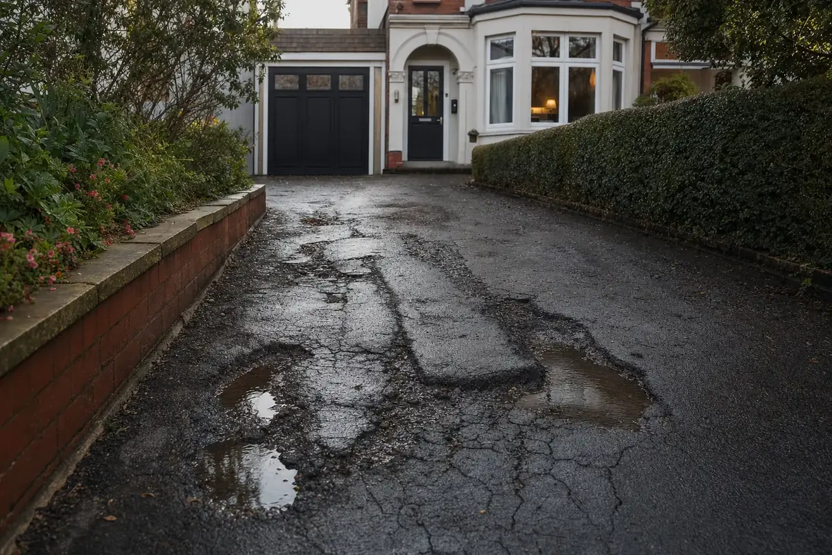 Sunken and cracked tarmac driveway holding standing water in front of a British terraced house
