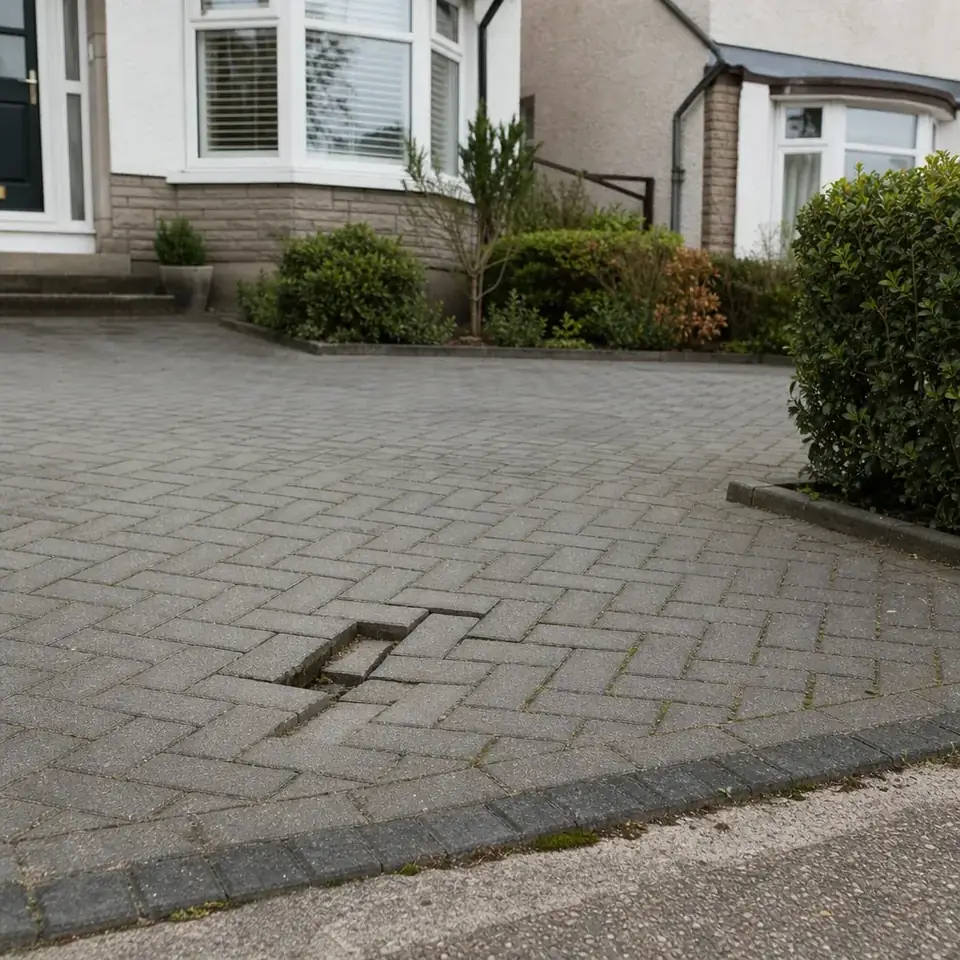 A block paving driveway with a sunken section and cracked blocks at the edge