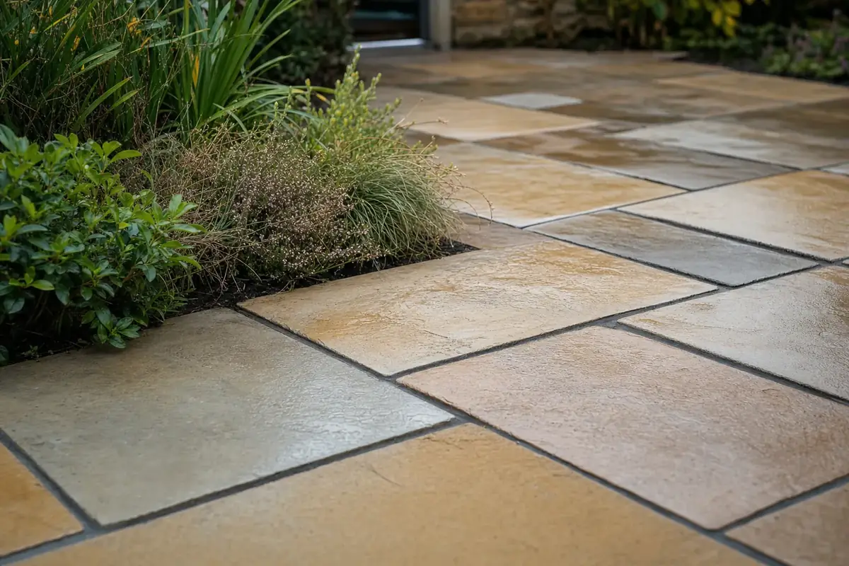 Riven Indian sandstone patio in warm buff and grey tones beside a planted border in a British garden.