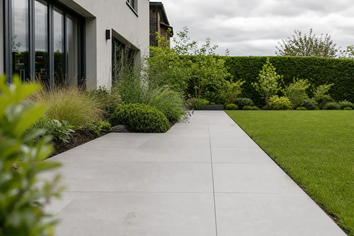 A ground-level porcelain patio flush with the lawn beside a Cardiff house