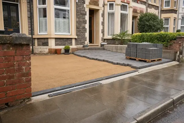Terraced front garden in Cardiff part way through conversion to a permeable block paved driveway with a dropped kerb at the pavement edge