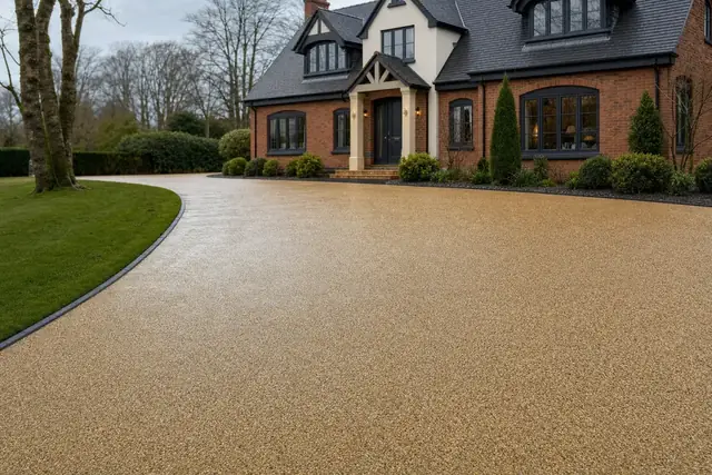 A smooth honey-gold resin bound gravel driveway with a crisp clean edge in front of a handsome Welsh home
