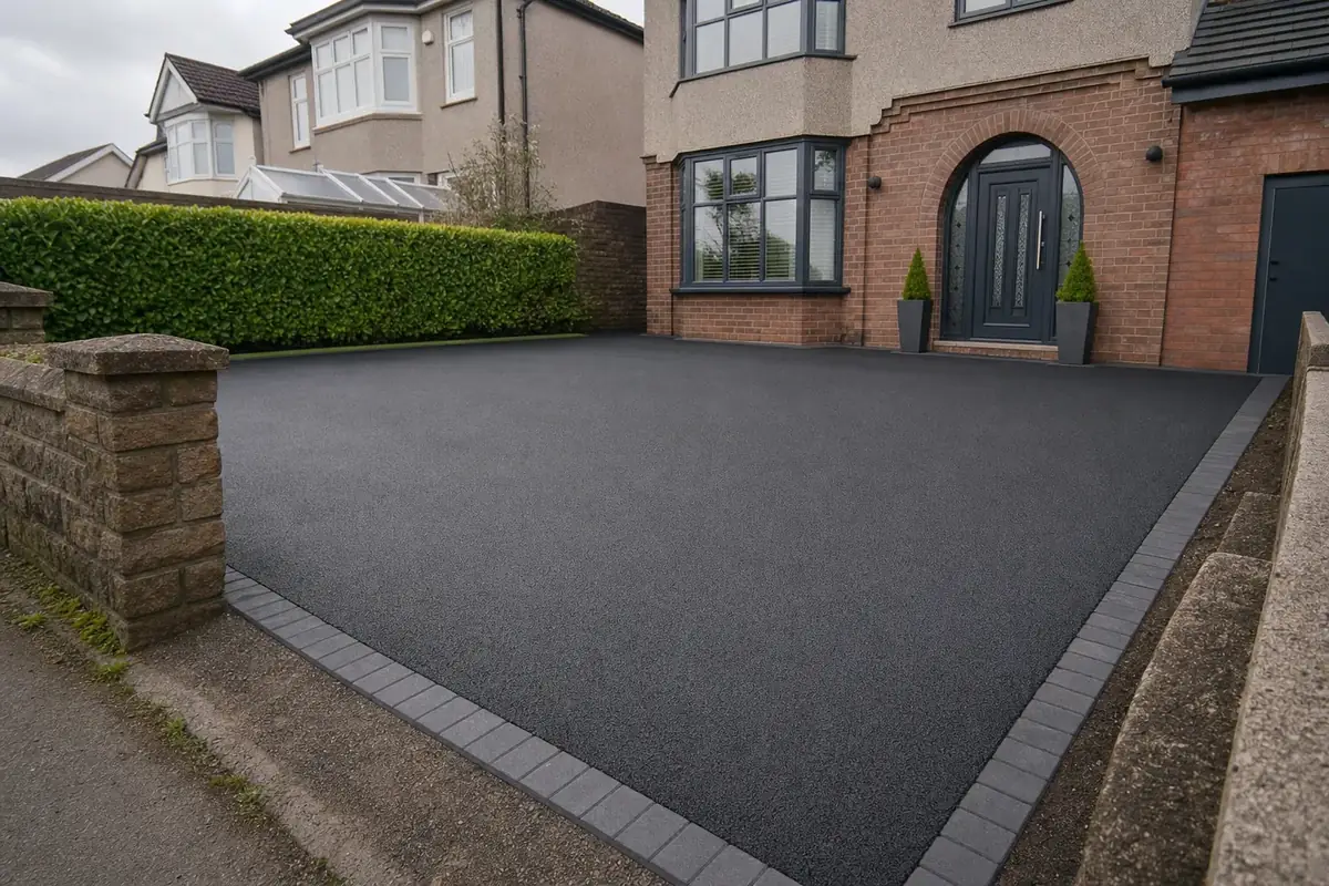 Freshly laid smooth black tarmac driveway with a crisp charcoal block paving edge in front of a South Wales house.