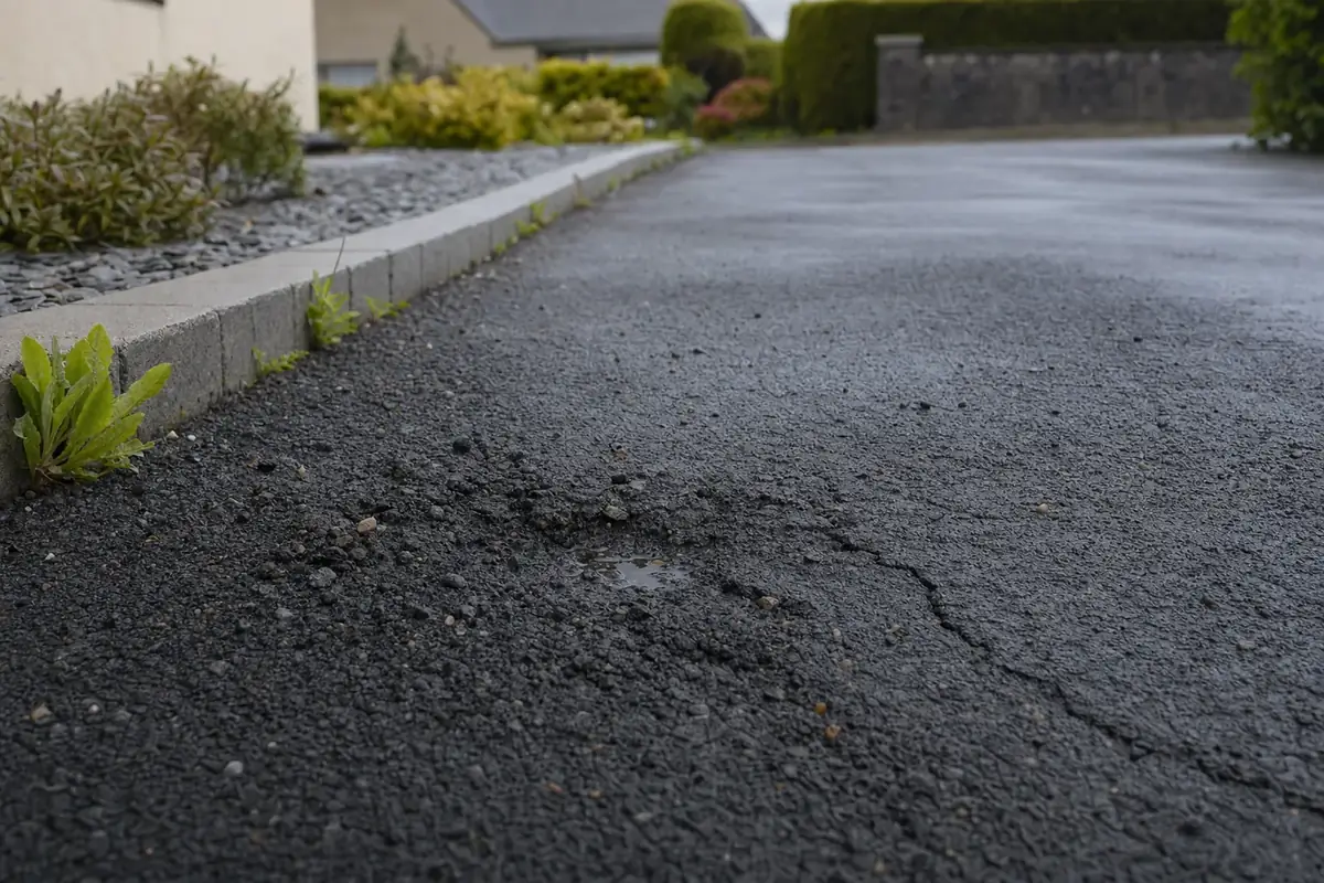 Close-up of a cracked and crumbling tarmac driveway with loose stones and weeds at the edge.