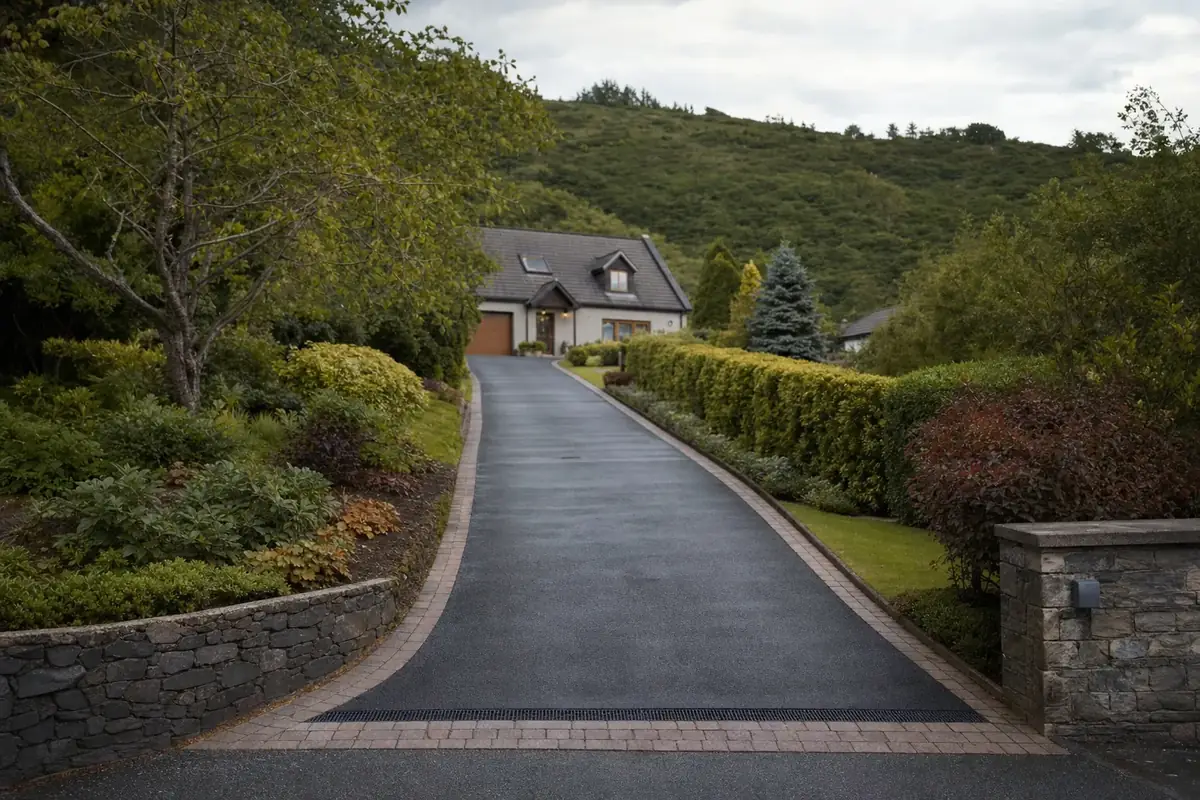 A long sloping tarmac driveway leading up to a house with green Valleys hills behind.