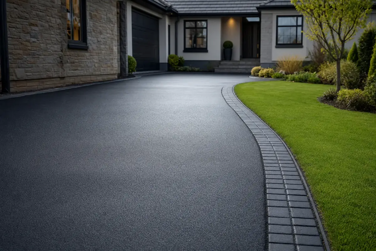 A freshly sealed jet-black tarmac driveway with a rich sheen