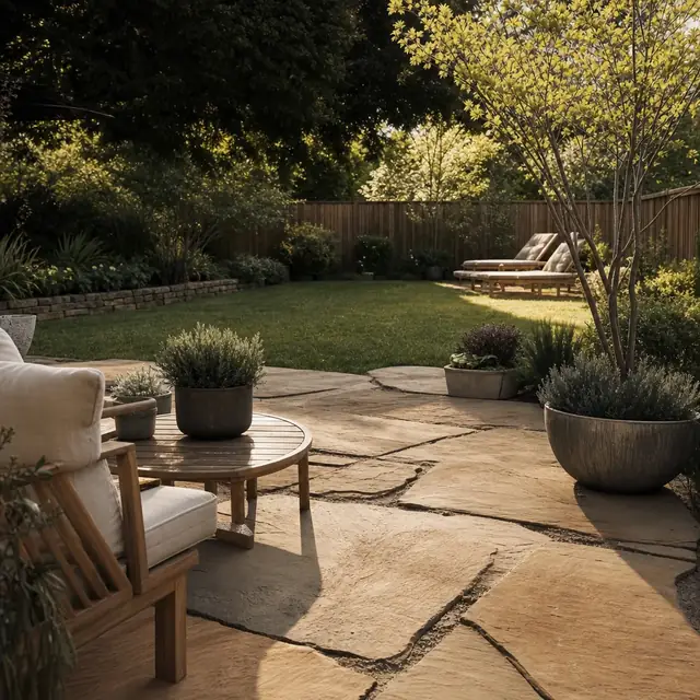 A landscaped garden patio in Cardiff