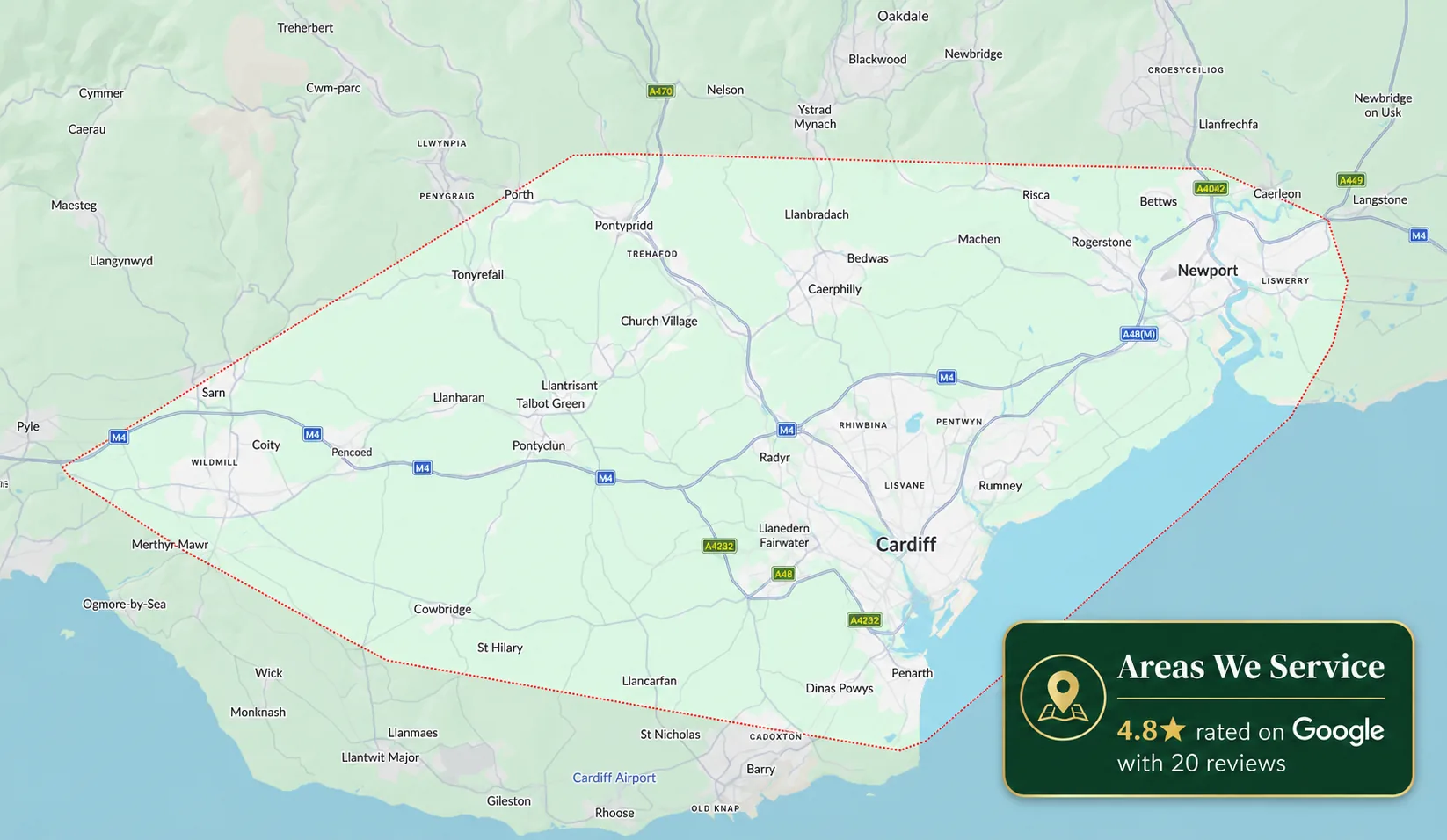 Map of the Driveways and Paving Cardiff service area across Cardiff and South Wales, from Bridgend to Newport including Caerphilly, Pontypridd, Barry, Penarth and Cowbridge